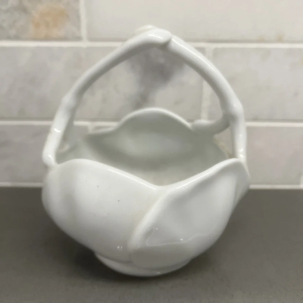 Giraud Limoges France Lotus Petal White Porcelain Basket Bowl With Handle